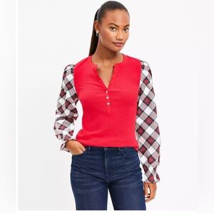 NWT Loft red and white Plaid Henley Mixed Media Top Medium